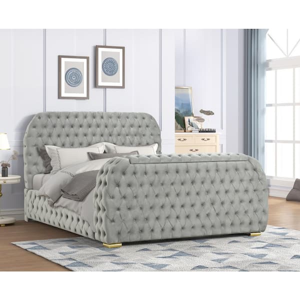 Chesterlux Gray Wood Frame California King Platform Bed with TV Lift and Electric Fireplace Footboard