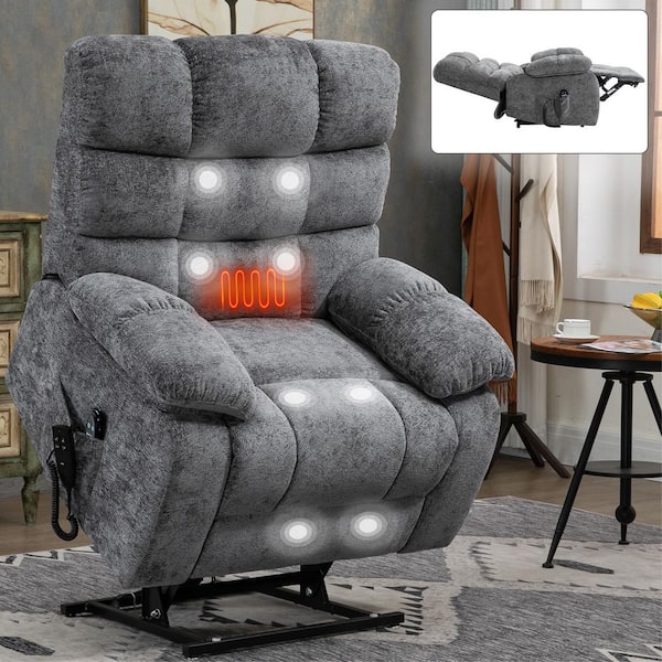 Boyel Living Gray Dual Motor Infinite Position Up to 350 LBS Large Chenille Power Lift Recliners with Heat Massage and Power-Remote