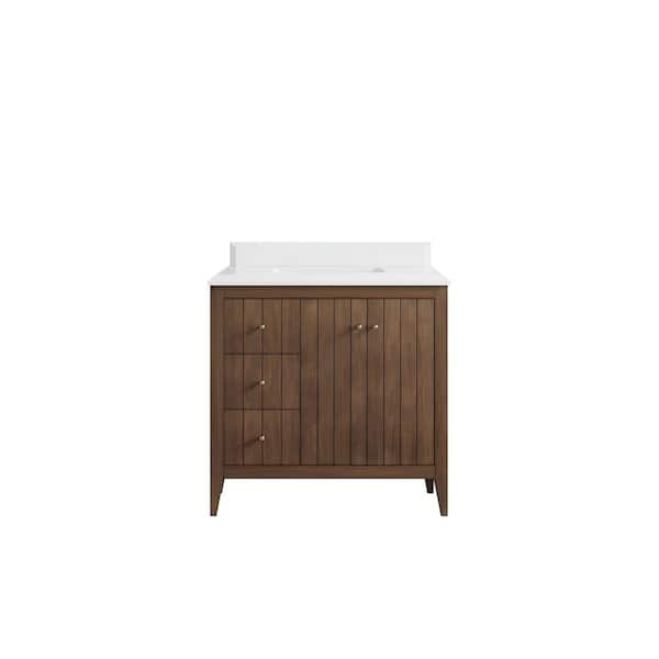 Willow Collections Atlanta Teak 36 in. Right Sink Freestanding Dark Natural Bath Vanity with White Qt. Top Unassembled