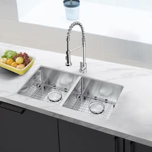 18-Gauge Stainless Steel 32 in Double Bowl Undermount Kitchen Sink with Strainer and Bottom Grid