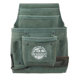 10-Pocket Hunter Green Suede Leather Nail and Tool Pouch w/Hammer Holder and Measuring Tape Clip