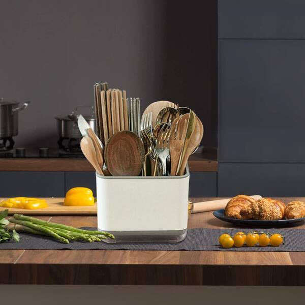 Grey Plastic Utensil Holder Kitchen Sink Caddy with Drain Rack for Chopsticks Fork Spoon Storage Organizer