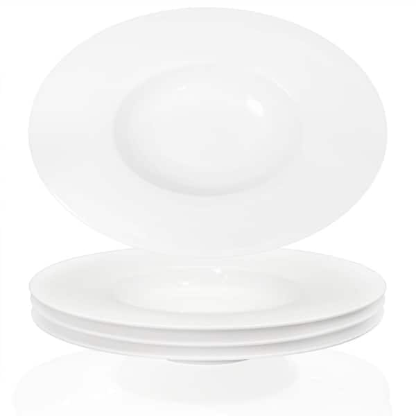 White Ceramic Wide Rimmed Soup Bowl 8 oz, Pasta Bowl Set of 4, 9.6 Inch Shallow Bowl Plate
