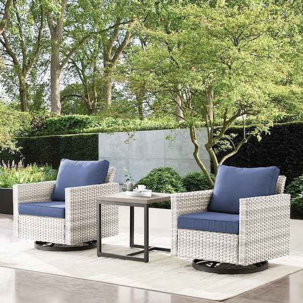 Pocassy 3-Piece LightBeige Wicker Patio Conversation Deep Seating Set with Blue Cushions Rocking Chairs