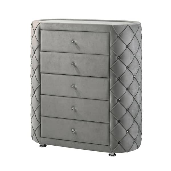 Acme Furniture Perine 5-drawer Gray Upholstered Tufted Chest of Drawers 43 in. W x 19 in. D x 45 in. H