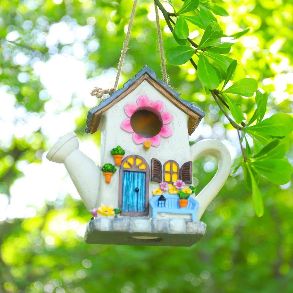 Multi-Colored Resin Watering Can Hanging Bird House with Flower Design