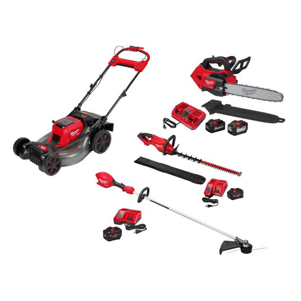 MILWAUKEE M18 FUEL Brushless Cordless 21 in Dual Battery Self-Propelled Mower w String Trimmer, Hedge Trimmer, Top Handle Chainsaw (2823-20-3046)
