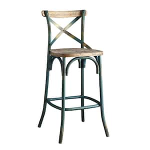 Modern Style Antique Sky Blue Wood and Metal with Panel Back Bar Height Chair