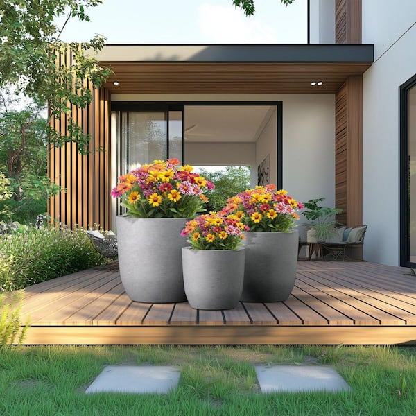 13.5 in. 17 in. 20.5 in. Natural Gray(Enhanced Core) Concrete Round Planter / Pot with Drainage Holes (3-Pack)