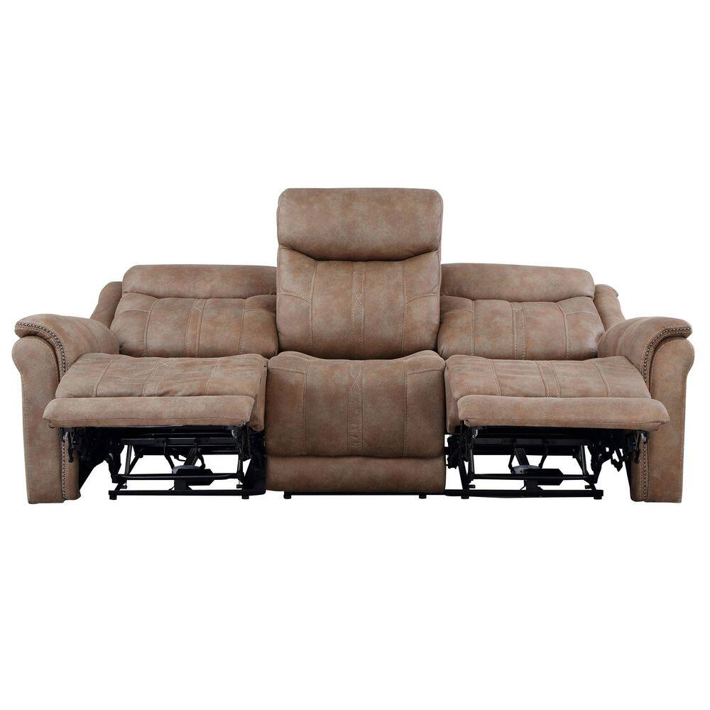 Camel Faux-Suede Power Reclining Sofa with Nailhead Trim