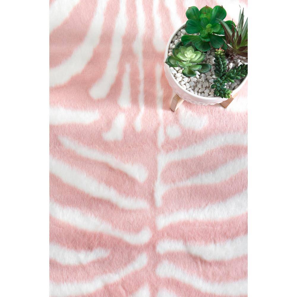 Pink and White Faux Zebra Cowhide Area Rug, 5' x 7'