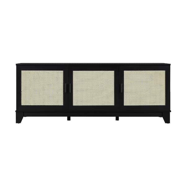 Manhattan Comfort Sheridan Black Modern Cane TV Stand Fits TVs Up to 55 in. with Storage Doors, Shelves and Cable Management