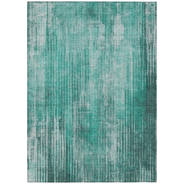 Teal Blue, Aqua, Gray 8 ft. x 10 ft. Woven Striped Polyester Rectangle Indoor/Outdoor Area Rug