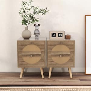 Natural 2 Drawers 16 in. W Rattan Nightstand End Side Table with Pine Wood Legs Wood Accent Table (Set of 2)