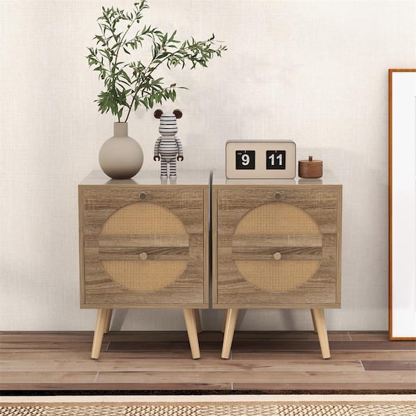 HONEY JOY Natural 2 Drawers 16 in. W Rattan Nightstand End Side Table with Pine Wood Legs Wood Accent Table (Set of 2)