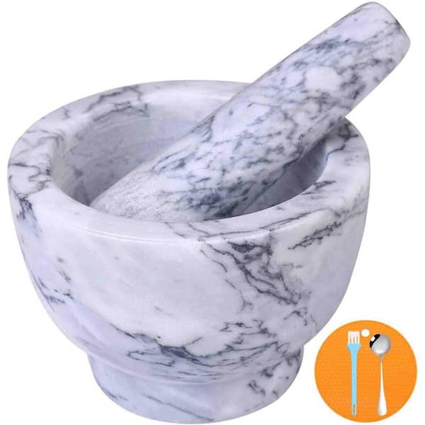 Mortar and Pestle Series Light White Gray Polished Marble Stone Guacamole Bowl Grinder Crusher with Mat Spoon 300ML