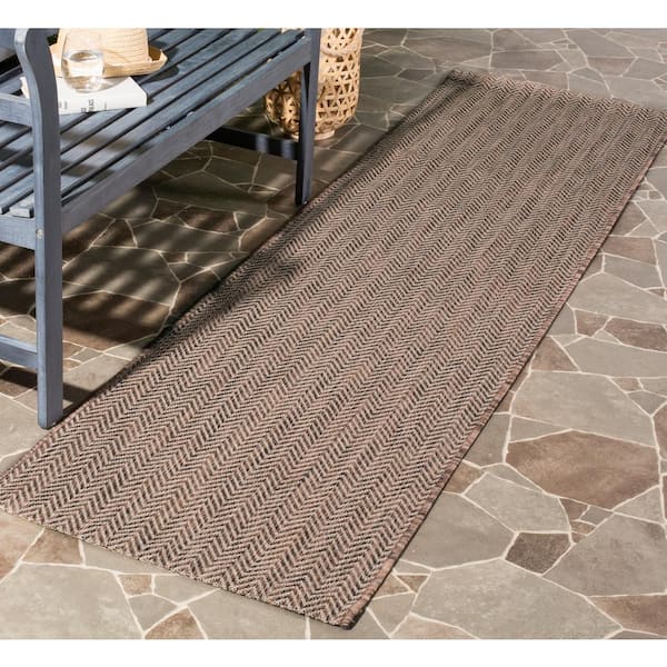 Courtyard Brown/Beige 2 ft. x 16 ft. Solid Chevron Indoor/Outdoor Patio  Runner Rug