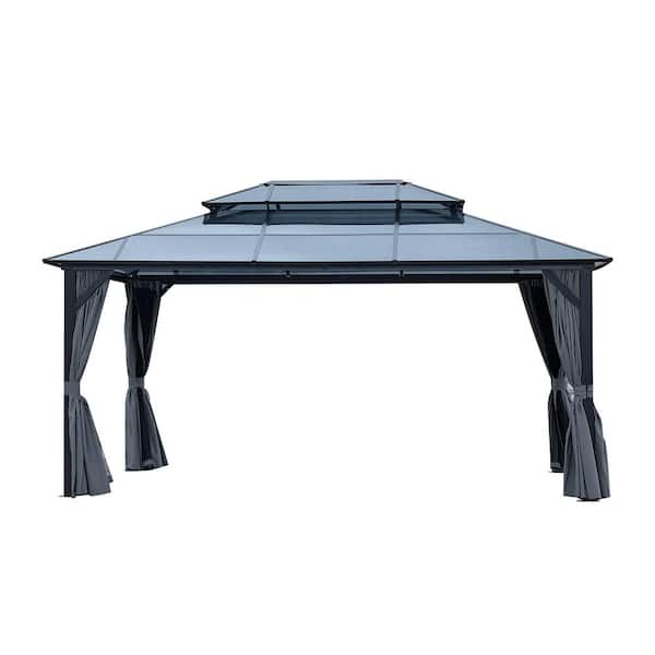 16 ft. x 12 ft. Outdoor Gray Aluminum Hardtop Gazebo with Polycarbonate Double Roof with Curtain and Netting