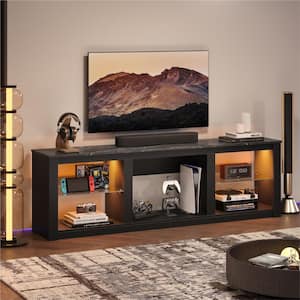 70 in. Black Marble Color TV Stand Fits TV's up to 75 in. with Tempered Glass Shelves LED Lights and Large Open Storage