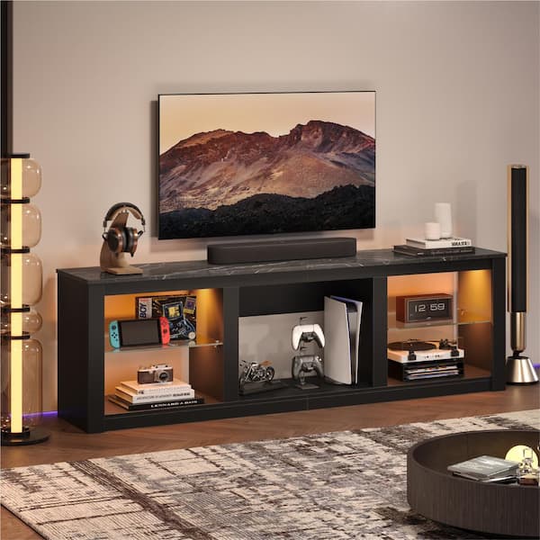 70 in. Black Marble Color TV Stand Fits TV's up to 75 in. with Tempered Glass Shelves LED Lights and Large Open Storage
