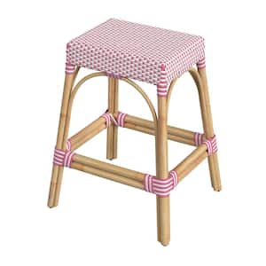 Robias 24.5 in. White and Pink Dot Backless Rectangular Rattan Counter Stool (Qty 1)