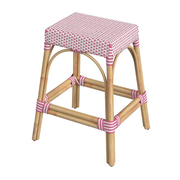 Butler Specialty Company Robias 24.5 in. White and Pink Dot Backless Rectangular Rattan Counter Stool (Qty 1)
