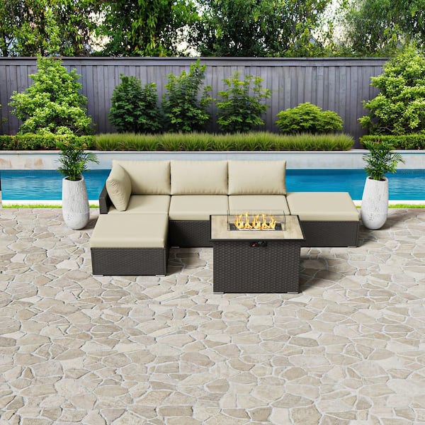 eVita 6-Piece Outdoor Wicker Patio Conversation Seating Set with Propane Fire Pit Table (Light Beige Cushion)