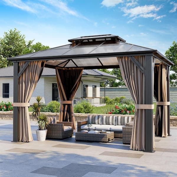 10 ft. x 12 ft. Outdoor Polycarbonate Double Roof Gazebo with Aluminum Frame, Nettings and Curtains