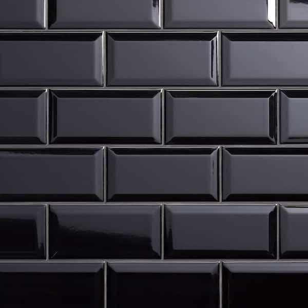 Merola Tile Crown Heights Beveled Glossy Black 3 in. x 6 in. Ceramic Wall Tile (5.72 sq. ft./Case)