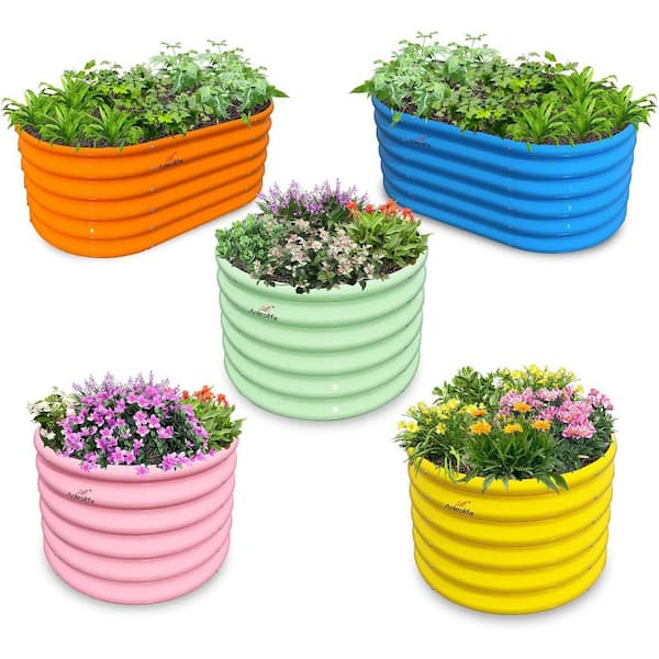 40x24 in. Oval and 24 x 24 in. Round Outdoor Metal Kids Raised Garden Beds, Planter Box Planting Flowers Fruits (5-Pack)