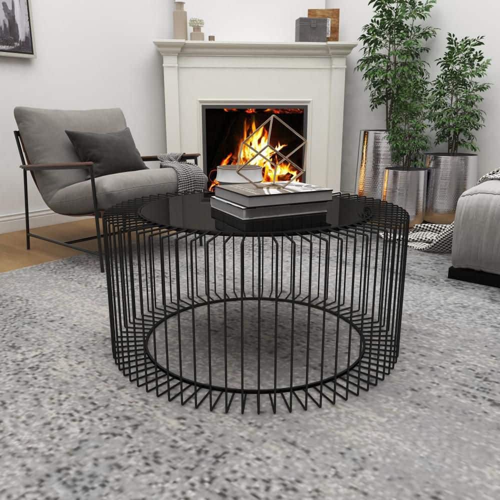 Modern Black Open Wire Frame 32" Round Glass Coffee Table