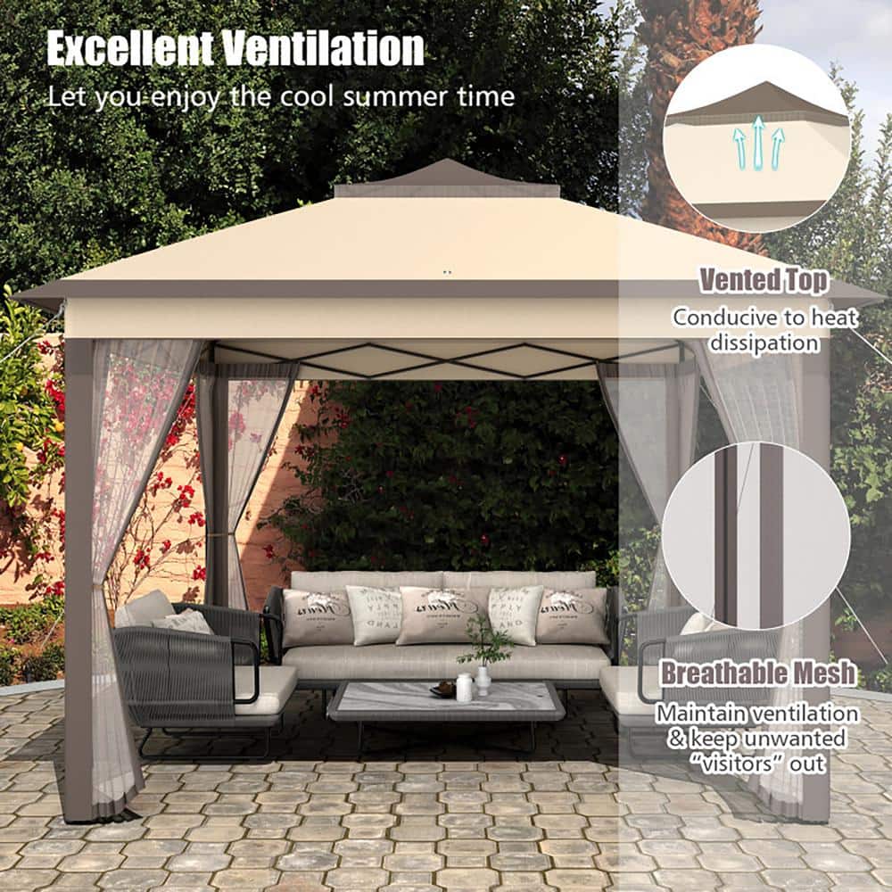 Beige and Brown 11'x11' 2-Tier Pop-Up Gazebo Tent with Mesh