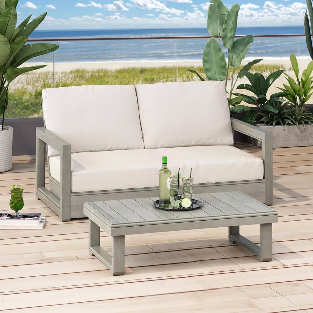 Salome Light Grey 2-Piece Solid Wood Outdoor Patio Conversation Set with Beige Cushions, Floor Loveseat and Table Set