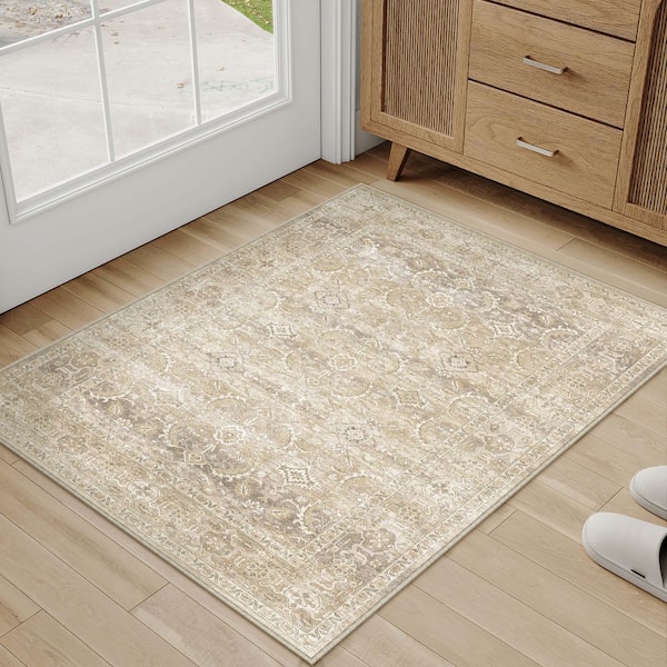 Holly Beige 2 ft. x 3 ft.  Distressed Vintage Floral Area Rug