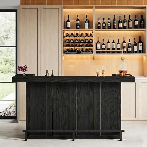 Kearsten 43.31 in. H Black Rectangle Bar Table Seats 4 with 4-Tier Storage Wine Glass Rack and Footrest