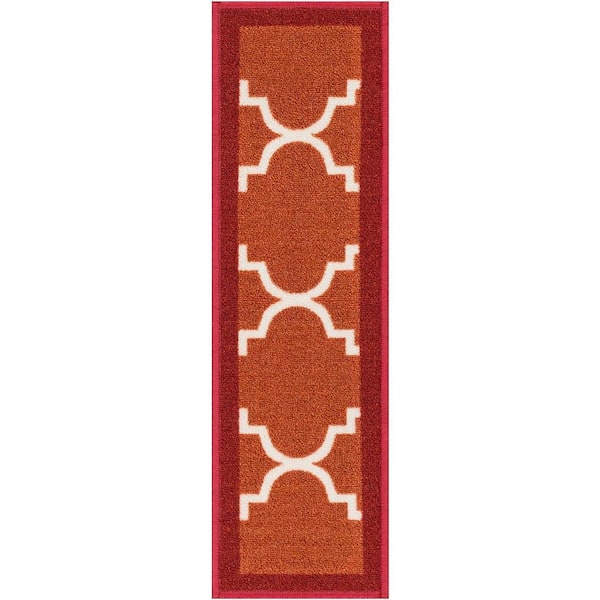 Kings Court Brooklyn Trellis Red Modern Lattice Rubber Back Non-Skid 9 in. x 31 in. Stair Tread Cover (Set of 7)