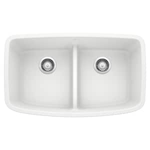 VALEA 32 in. Undermount Double Bowl White Granite Composite Kitchen Sink with Low Divide