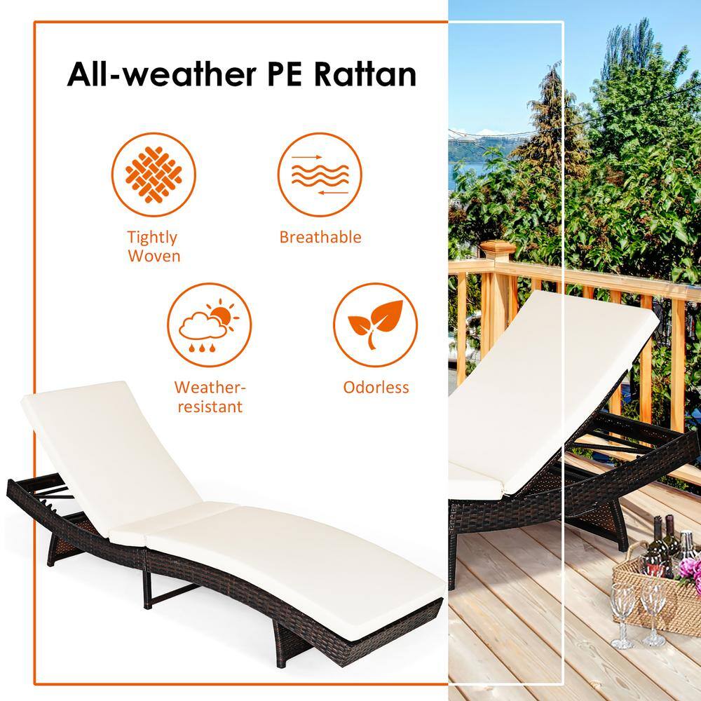 Adjustable White Cushioned Rattan Folding Chaise Lounge Chair