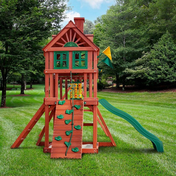 Professionally Assembled Nantucket Kids Wooden Outdoor Playground Set with Wave Slide, Sandbox, Rock Wall, and Swing Set