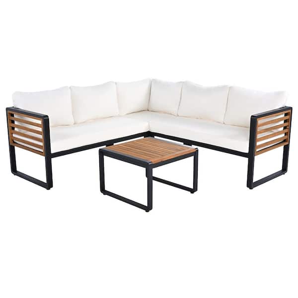 4-Pieces Wood Outdoor Sectional Set, Metal and Wood Frame Sectional Sofa with Cushions and a Coffee Tables, Beige