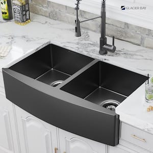 Gunmetal Black Stainless Steel 36 in. 18-Gauge Double Bowl Farmhouse Kitchen Sink with Black Spring Neck Faucet