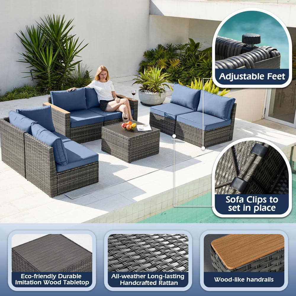 Navy Blue Cushioned 7-Piece Wicker Outdoor Sectional Sofa Set