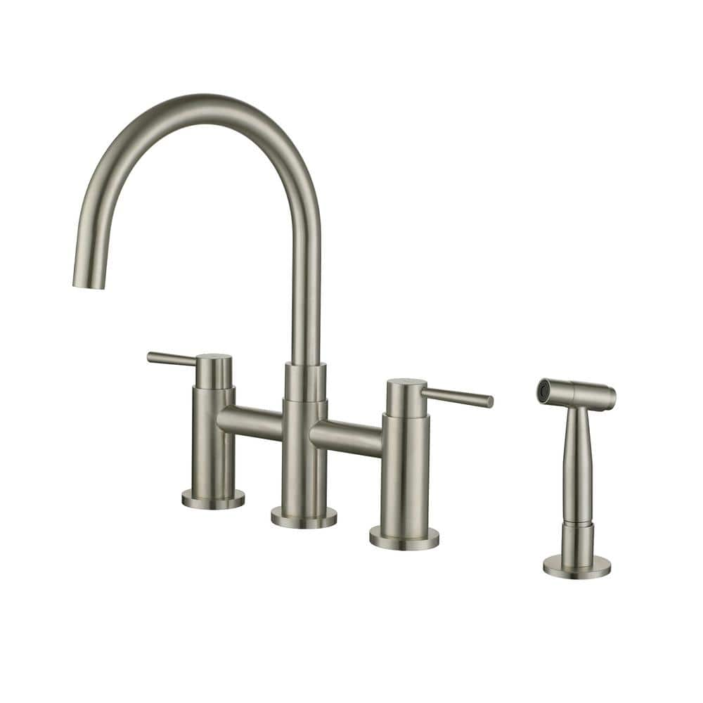 Boyel Living 3 Hole Double Handles Deck Mounted Bridge Kitchen Faucet with Pull Down Sprayer and Side Sprayer in Brushed Nickel