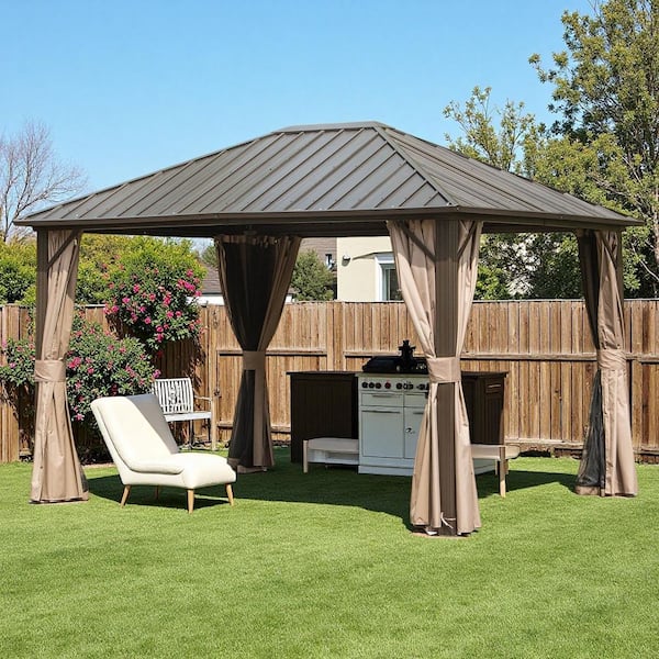 10 ft. x 12 ft. Brown Permanent Outdoor Galvanized Steel Roof Gazebo with Aluminum Frame