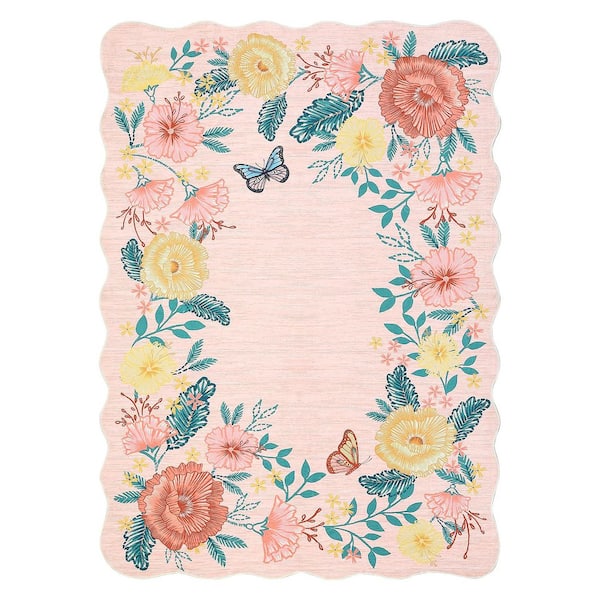 Wavy Edge Decorative Machine Washable Vintage Floral Printed Carpet for Bedroom Apartment Pink 9 ft. x 12 ft. Area Rug