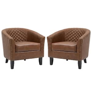 Mid-Century Brown Solid Wood Legs PU Leather Upholstered Accent Barrel Chair with Nail Head Trim (Set of 2)