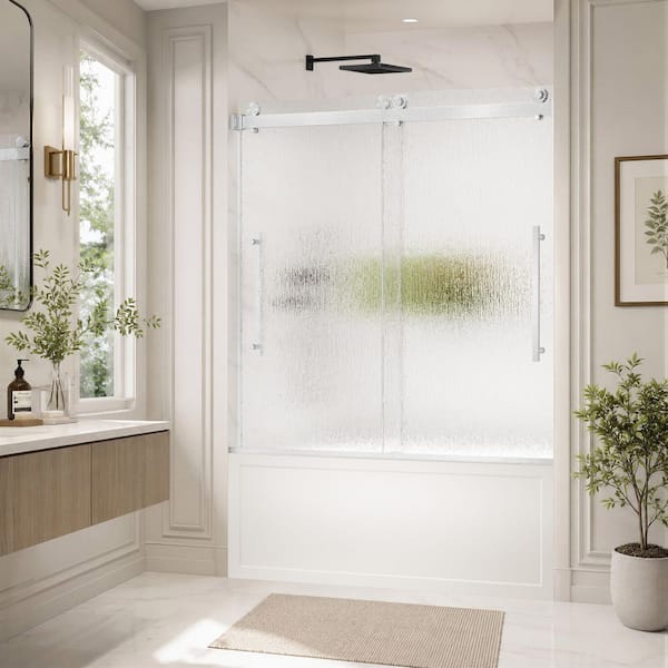 56-60 in. W x 60 in. H Double Sliding Frameless Tub Shower Door in Brushed Nickel with 8mm Nano-Coated Rain Glass