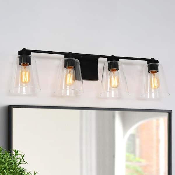 Uolfin Modern Bell Bathroom vanity Light Firefly 29 in. 4-Light Matte Black Cylinder Wall Sconce Light with Clear Glass Shade