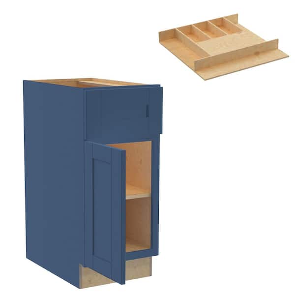 Home Decorators Collection Washington 15 in. W x 24 in. D x 34.5 in. H Vessel Blue Plywood Shaker Assembled Base Kitchen Cabinet Left Cutlery Tray