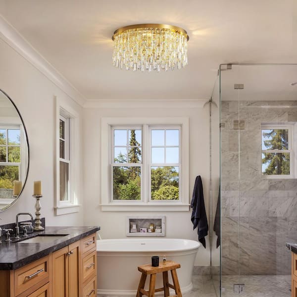 SILJOY 7-Light Gold Crystal Round Flush Mount Chandelier with